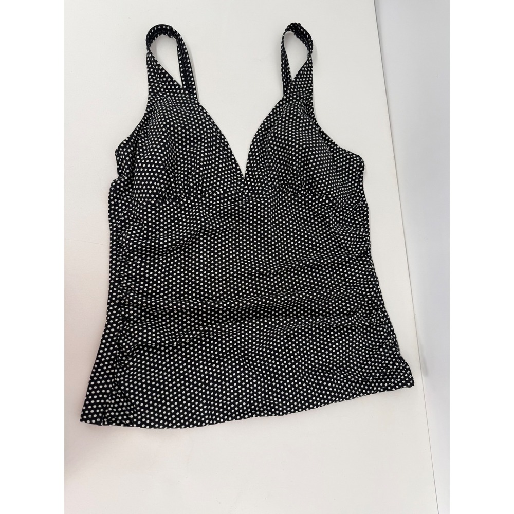 Beach House Womens Black White Polka Dot Ruched V-Neck Tankini Swim Top Sz 14